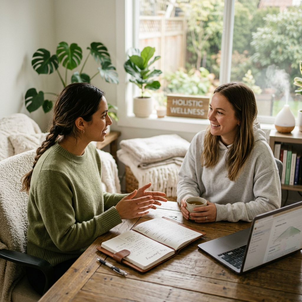 Two women talking over a wooden table with a wellness journal and laptop
